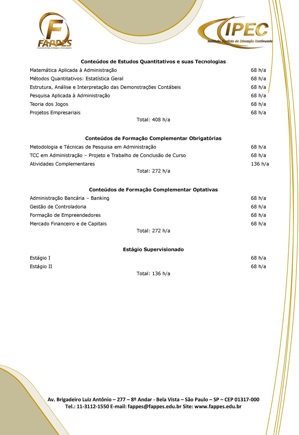 Administração Projeto e Trabalho de Conclusão de Curso Atividades Complementares Total: 272 h/a 36 h/a Conteúdos de Formação Complementar Optativas Administração Bancária Banking Gestão de