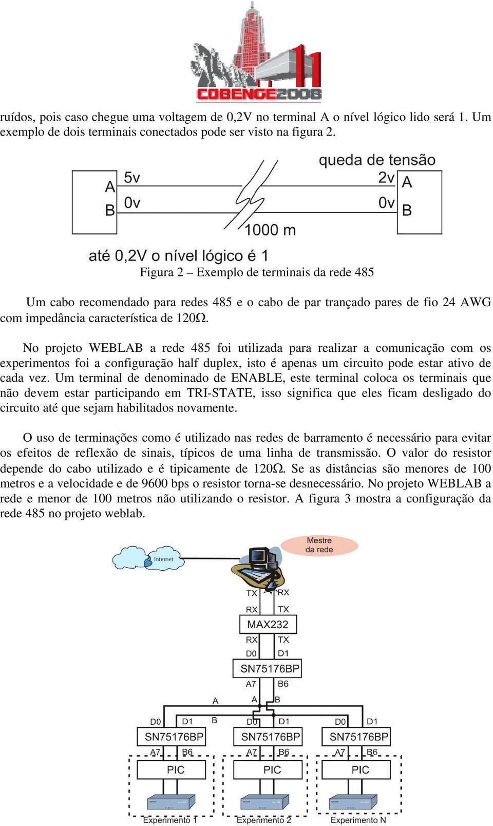 No projeto WEBLAB a rede 485 foi utilizada para realizar a comunicação com os experimentos foi a configuração half duplex, isto é apenas um circuito pode estar ativo de cada vez.