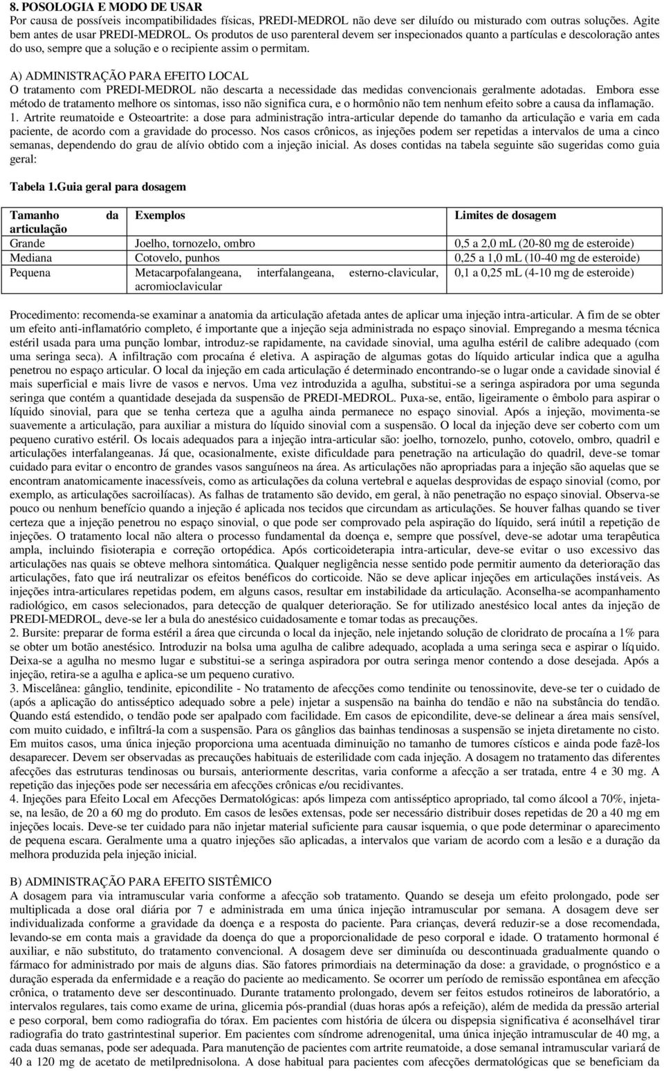 A) ADMINISTRAÇÃO PARA EFEITO LOCAL O tratamento com PREDI-MEDROL não descarta a necessidade das medidas convencionais geralmente adotadas.