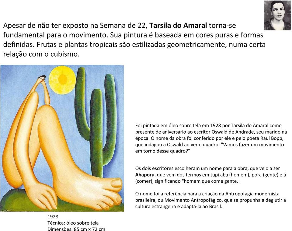 Foi pintada em óleo sobre tela em 1928 por Tarsila do Amaral como presente de aniversário ao escritor Oswald de Andrade, seu marido na época.