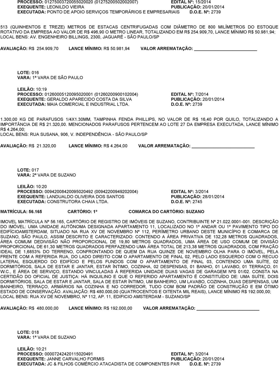 981,94 VALOR ARREMATAÇÃO: LOTE: 016 VARA: 1ª VARA DE SÃO PAULO LEILÃO: 10:19 PROCESSO: 01260005120095020001 (01260200900102004) EDITAL Nº: 7/2014 EXEQUENTE: GERALDO APARECIDO COSTA DA SILVA