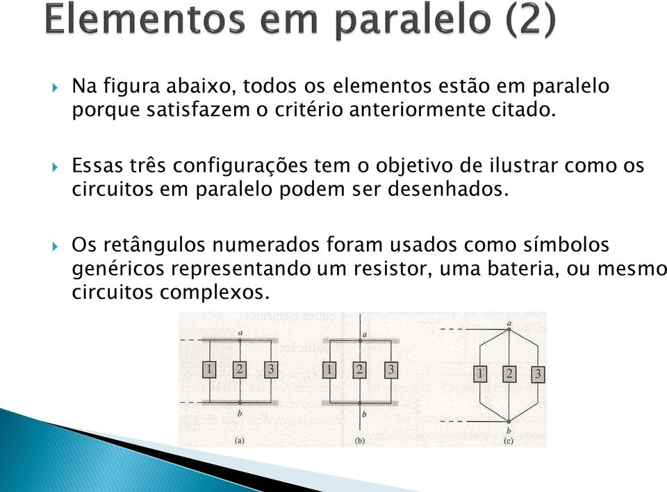 Essas três configurações tem o objetivo de ilustrar como os circuitos em paralelo