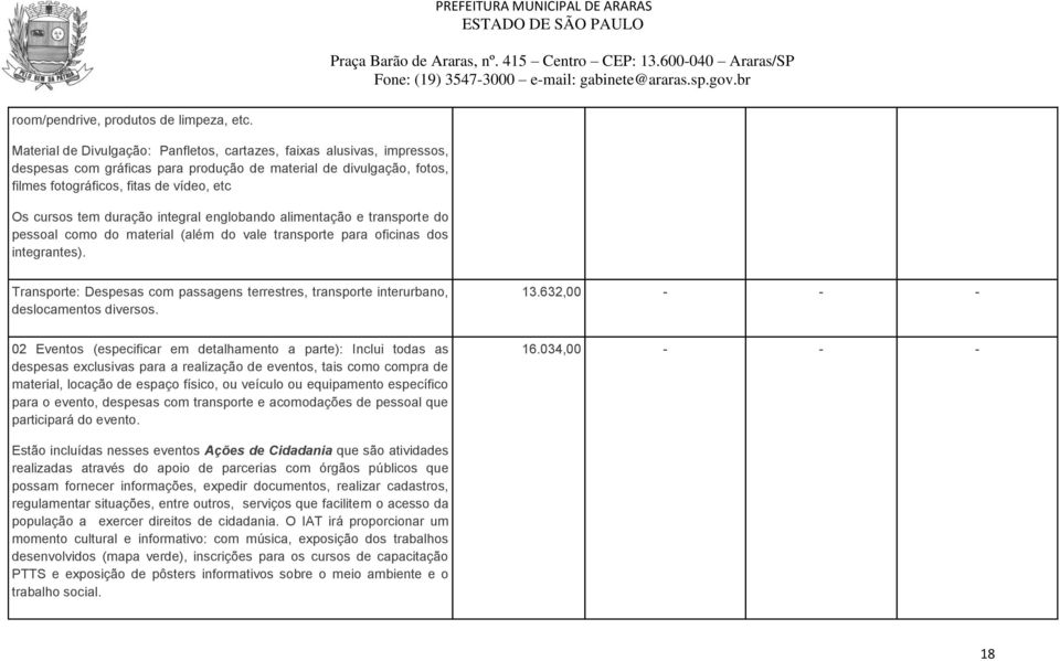 duração integral englobando alimentação e transporte do pessoal como do material (além do vale transporte para oficinas dos integrantes).