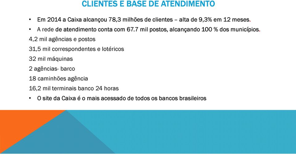 4,2 mil agências e postos 31,5 mil correspondentes e lotéricos 32 mil máquinas 2 agências- barco 18