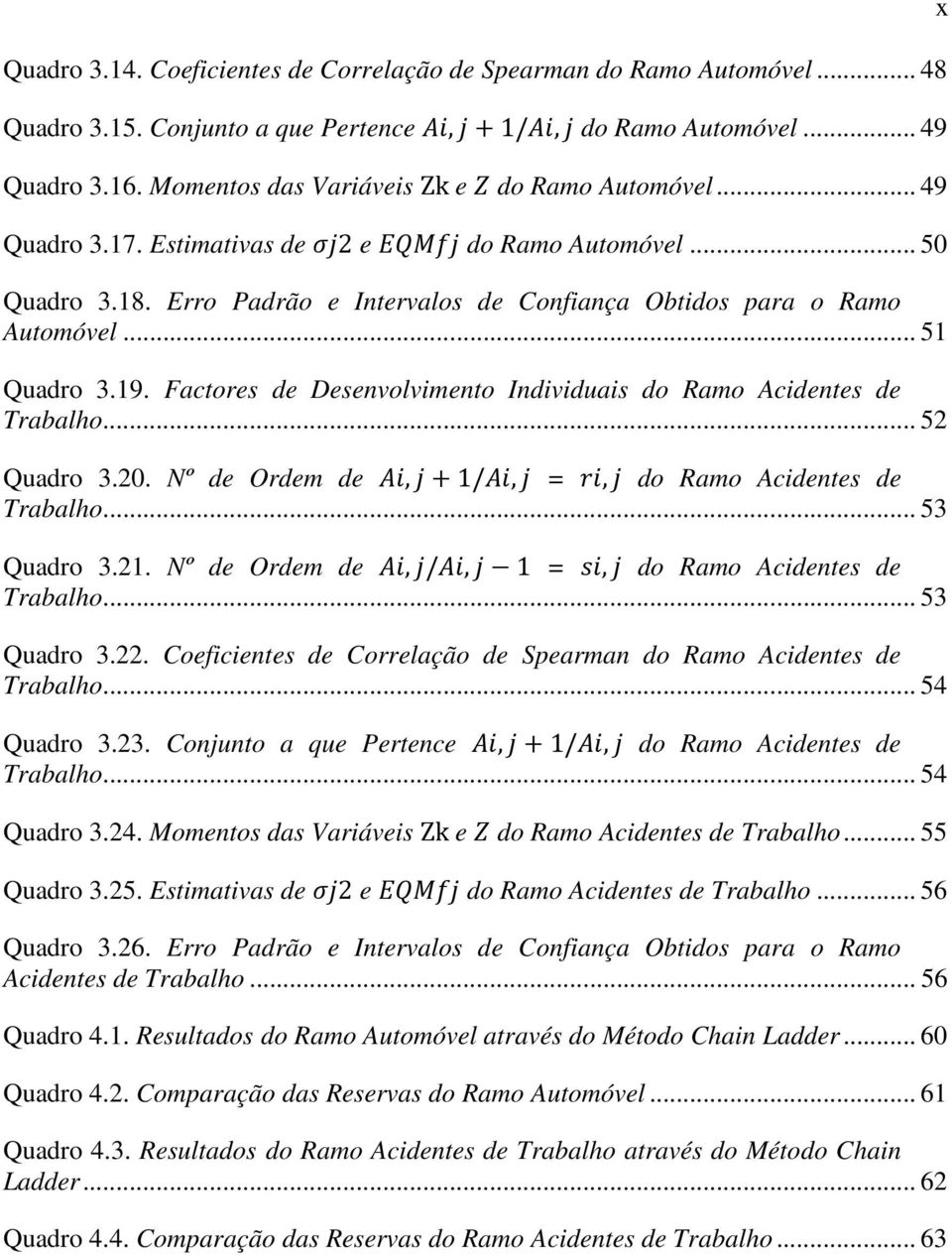 .. 51 Quadro 3.19. Factores de Desenvolvimento Individuais do Ramo Acidentes de Trabalho... 52 Quadro 3.20. Nº de Ordem de, 1/, =, do Ramo Acidentes de Trabalho... 53 Quadro 3.21.