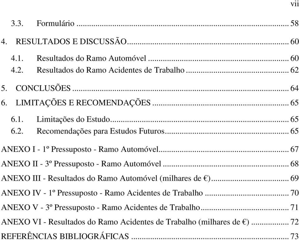 .. 67 ANEXO II - 3º Pressuposto - Ramo Automóvel... 68 ANEXO III - Resultados do Ramo Automóvel (milhares de ).