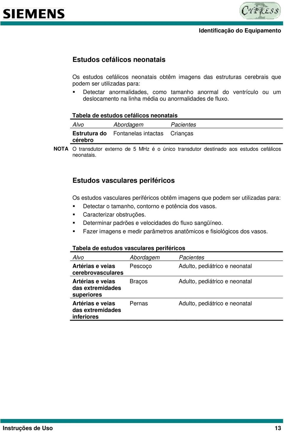 Tabela de estudos cefálicos neonatais Alvo Abordagem Pacientes Estrutura do cérebro Fontanelas intactas Crianças NOTA O transdutor externo de 5 MHz é o único transdutor destinado aos estudos