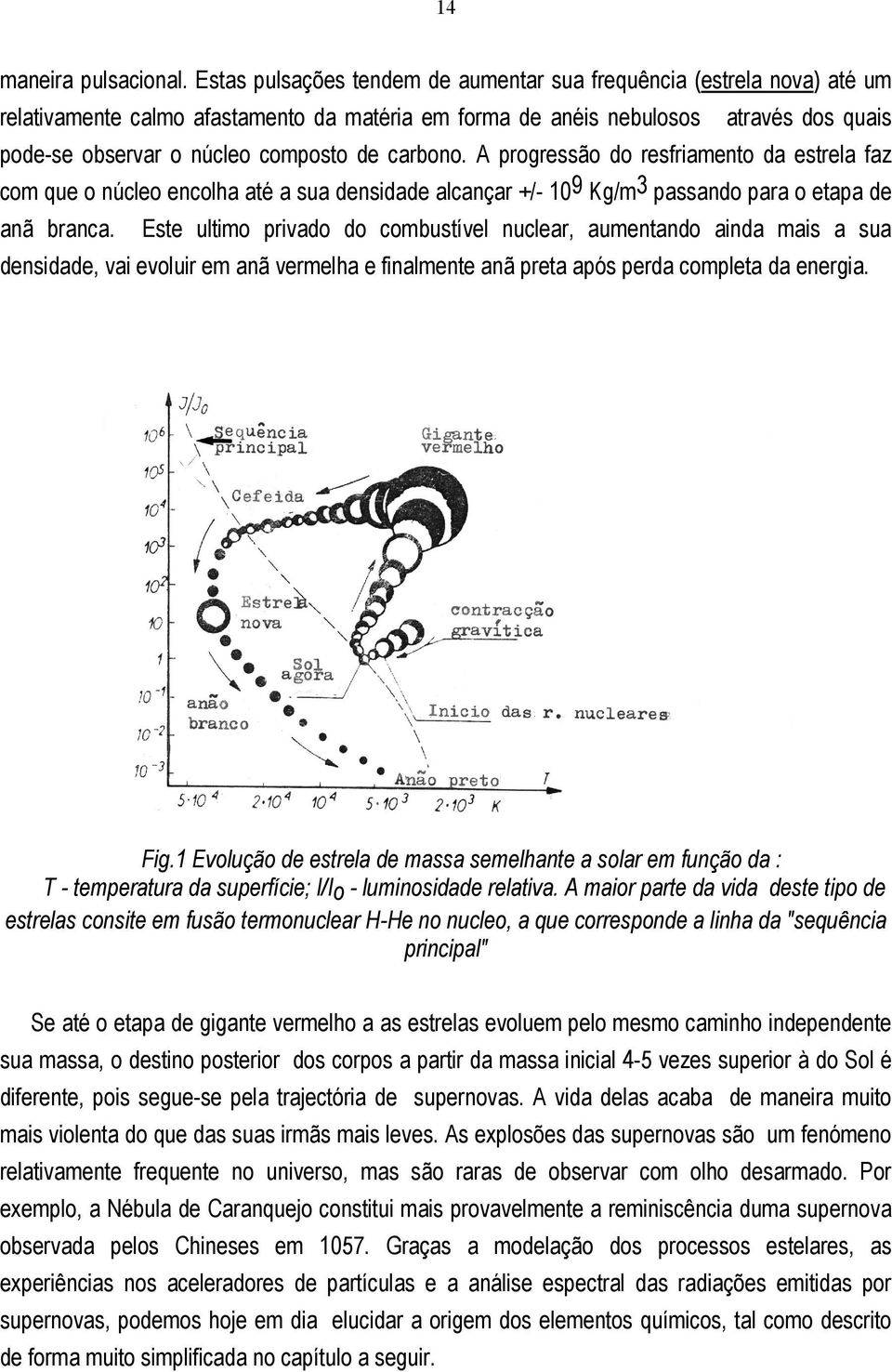 carbono. A progressão do resfriamento da estrela faz com que o núcleo encolha até a sua densidade alcançar +/- 10 9 Kg/m 3 passando para o etapa de anã branca.