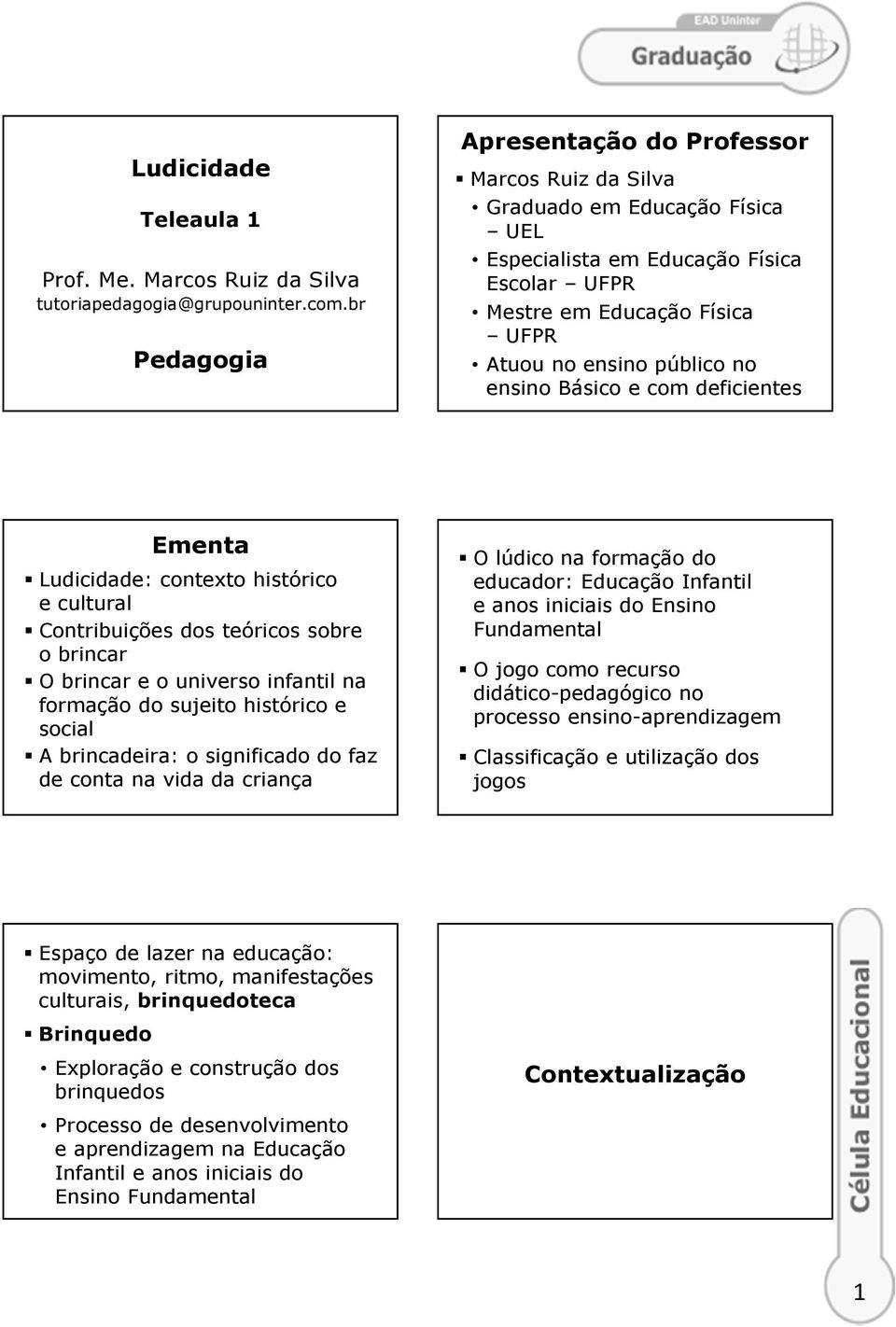 ensino Básico e com deficientes Ementa Ludicidade: contexto histórico e cultural Contribuições dos teóricos sobre o brincar O brincar e o universo infantil na formação do sujeito histórico e social A