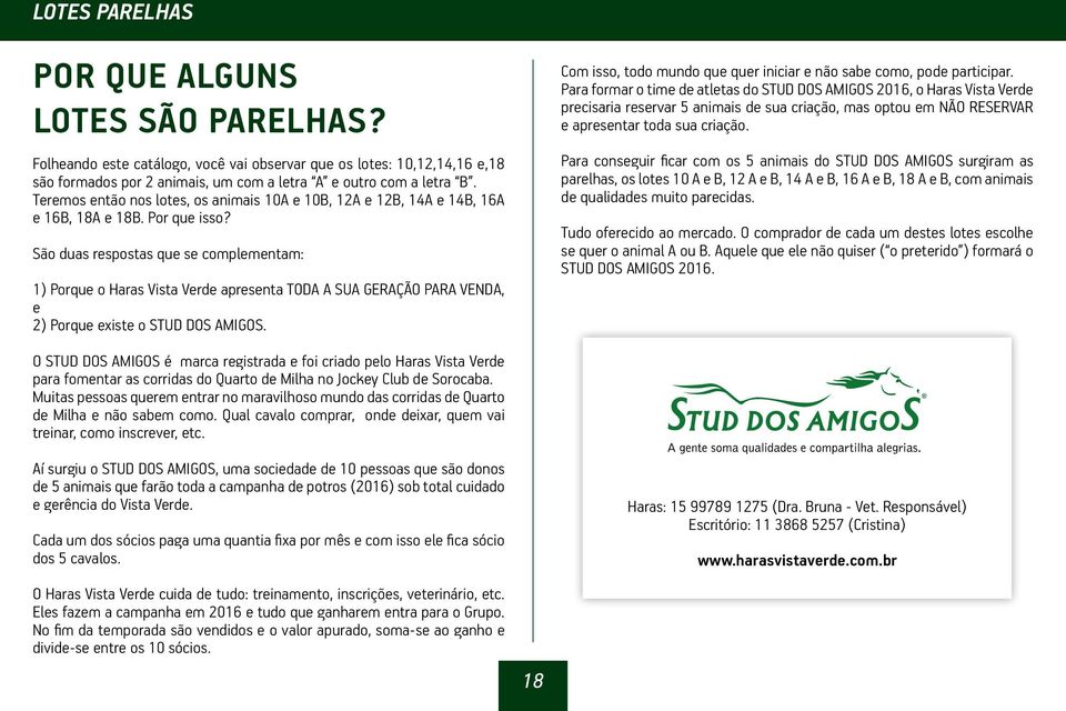 São duas respostas que se complementam: 1) Porque o Haras Vista Verde apresenta TODA A SUA GERAÇÃO PARA VENDA, e 2) Porque existe o STUD DOS AMIGOS.