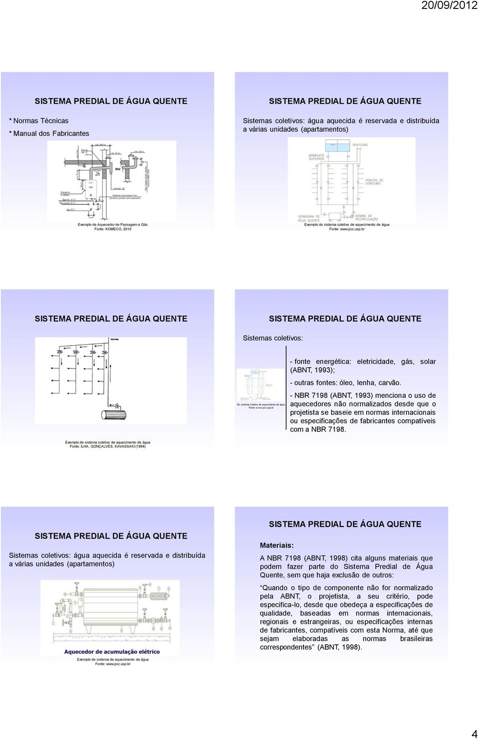 - NBR 7198 (ABNT, 1993) menciona o uso de aquecedores não normalizados desde que o projetista se baseie em normas internacionais ou especificações de fabricantes compatíveis com a NBR 7198.