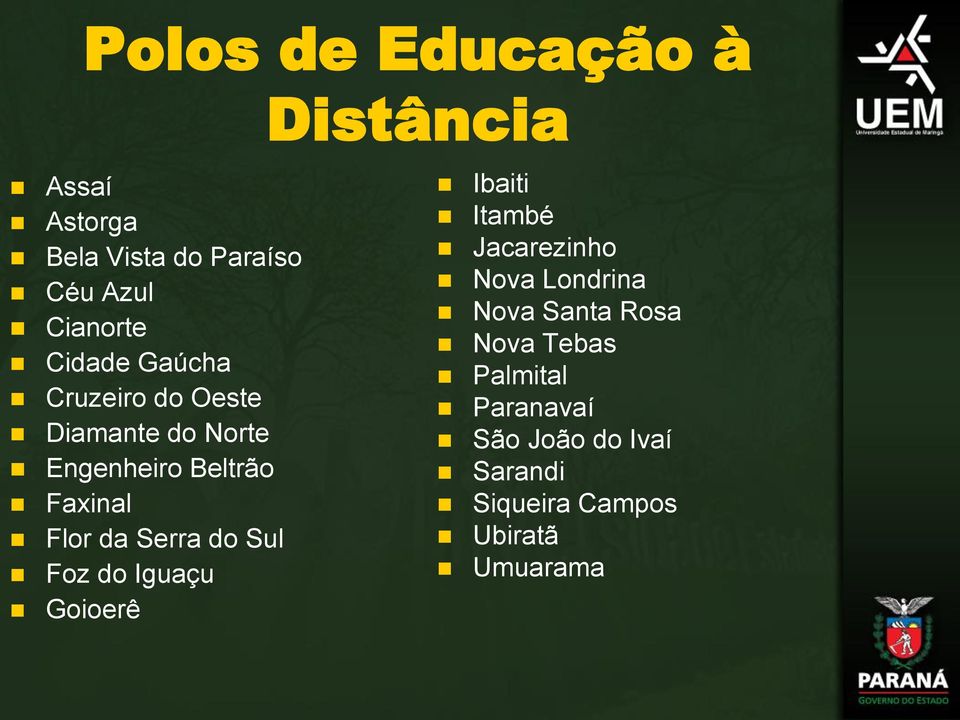 Serra do Sul Foz do Iguaçu Goioerê Ibaiti Itambé Jacarezinho Nova Londrina Nova Santa