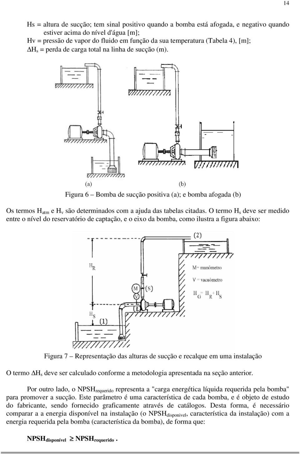 O termo H s deve ser medido entre o nível do reservatório de captação, e o eixo da bomba, como ilustra a figura abaixo: Figura 7 Representação das alturas de sucção e recalque em uma instalação O