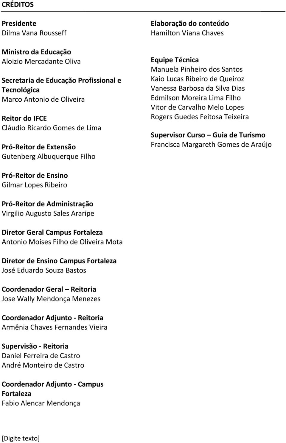 Silva Dias Edmilson Moreira Lima Filho Vitor de Carvalho Melo Lopes Rogers Guedes Feitosa Teixeira Supervisor Curso Guia de Turismo Francisca Margareth Gomes de Araújo Pró-Reitor de Ensino Gilmar