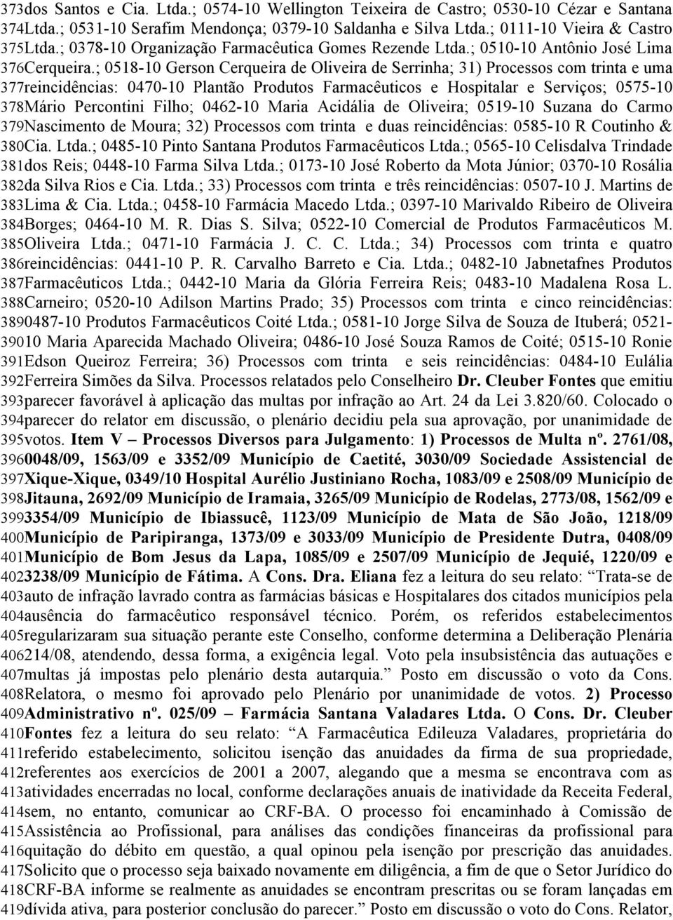 ; 0518-10 Gerson Cerqueira de Oliveira de Serrinha; 31) Processos com trinta e uma 377reincidências: 0470-10 Plantão Produtos Farmacêuticos e Hospitalar e Serviços; 0575-10 378Mário Percontini Filho;