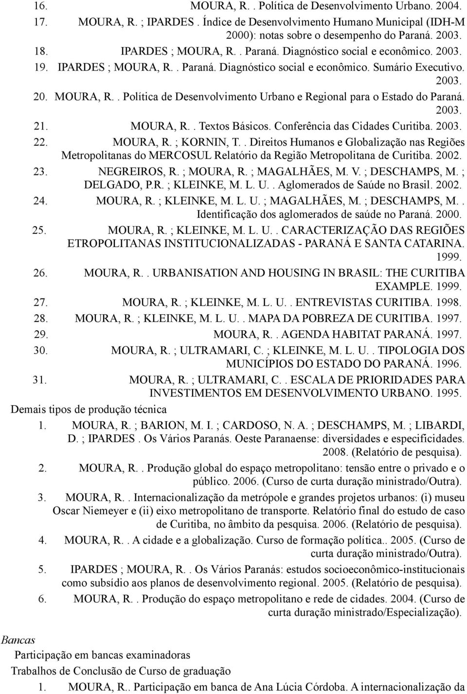 2003. 21. MOURA, R.. Textos Básicos. Conferência das Cidades Curitiba. 2003. 22. MOURA, R. ; KORNIN, T.