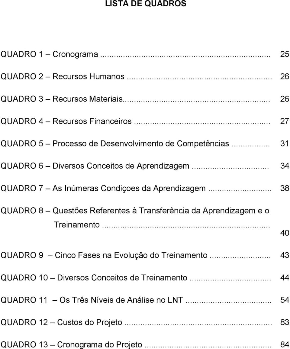 .. 34 QUADRO 7 As Inúmeras Condiçoes da Aprendizagem... 38 QUADRO 8 Questões Referentes à Transferência da Aprendizagem e o Treinamento.