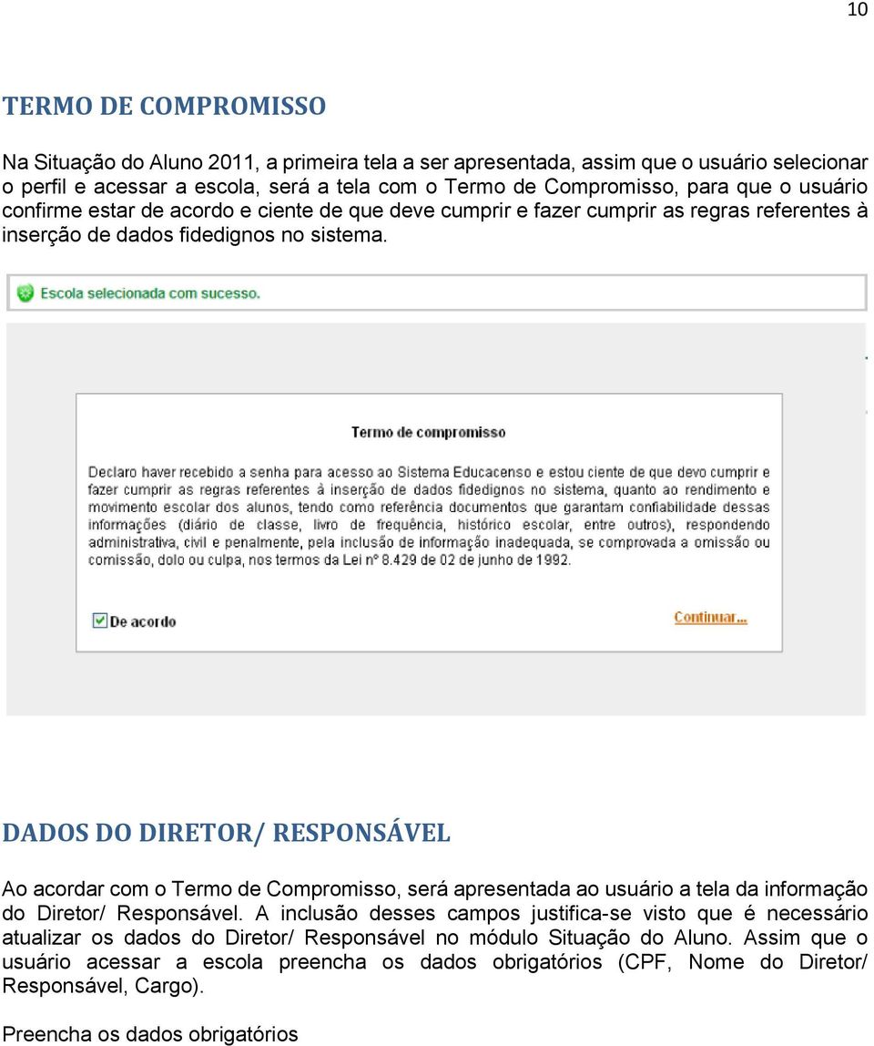 DADOS DO DIRETOR/ RESPONSÁVEL Ao acordar com o Termo de Compromisso, será apresentada ao usuário a tela da informação do Diretor/ Responsável.