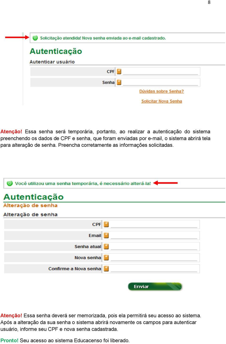 enviadas por e-mail, o sistema abrirá tela para alteração de senha. Preencha corretamente as informações solicitadas. Atenção!