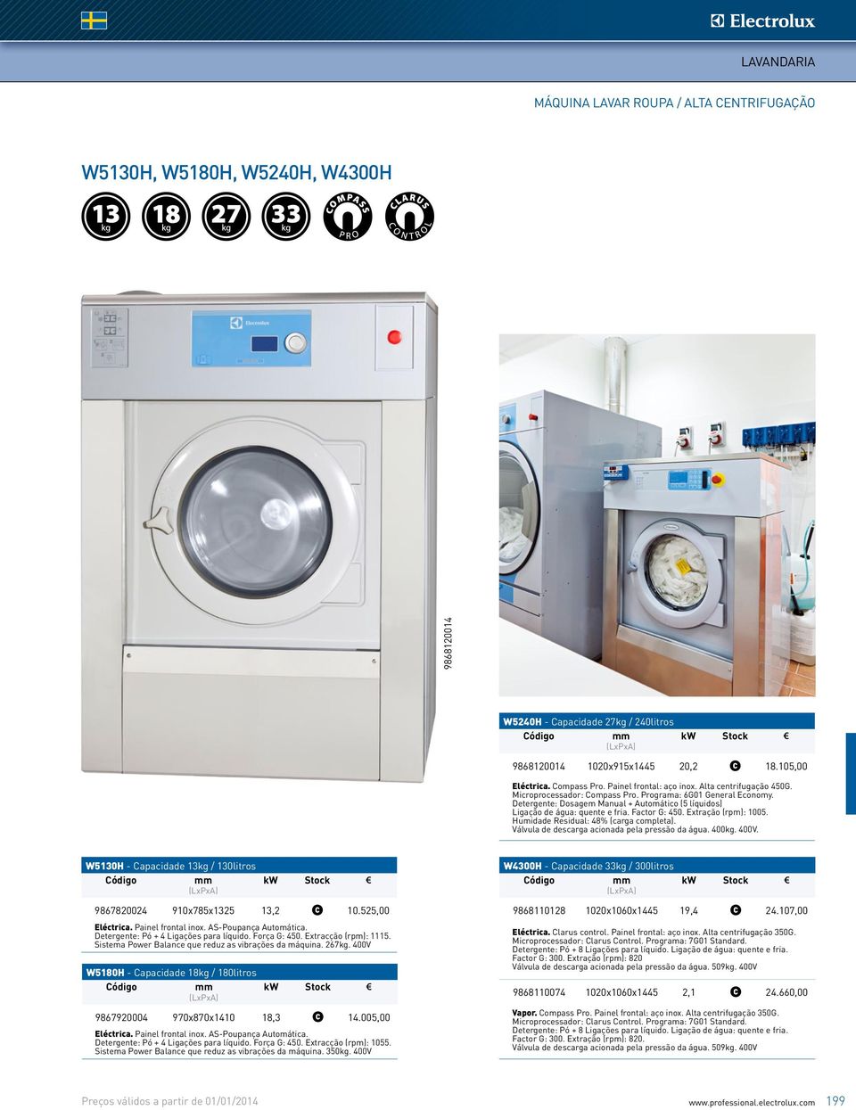 Factor G: 450. Extração (rpm): 1005. Humidade Residual: 48% (carga completa). Válvula de descarga acionada pela pressão da água. 400kg. 400V.