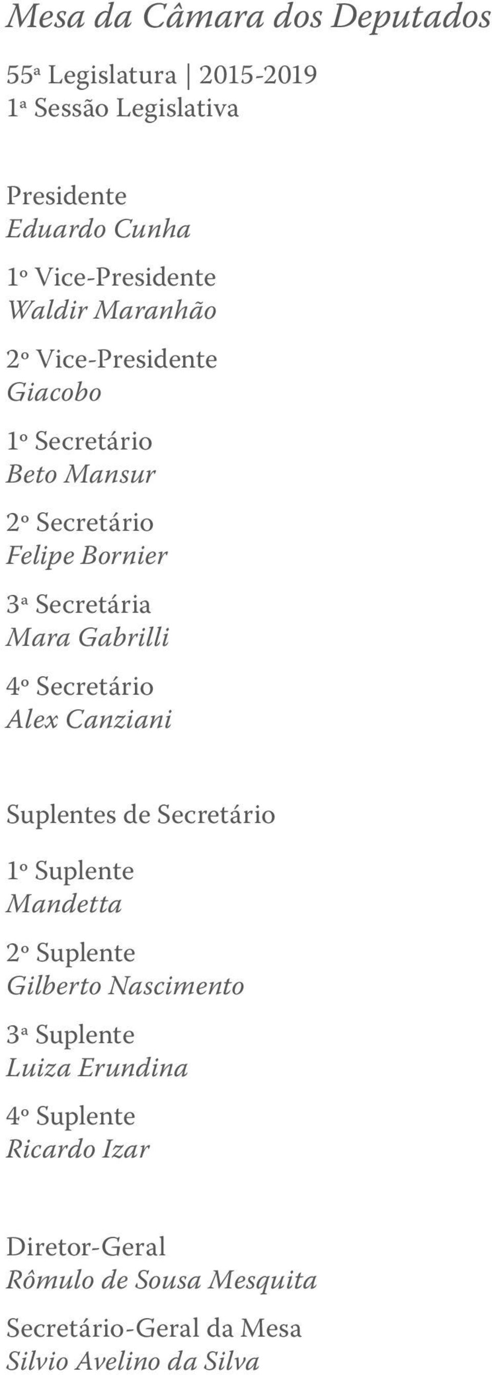 Gabrilli 4º Secretário Alex Canziani Suplentes de Secretário 1º Suplente Mandetta 2º Suplente Gilberto Nascimento 3ª