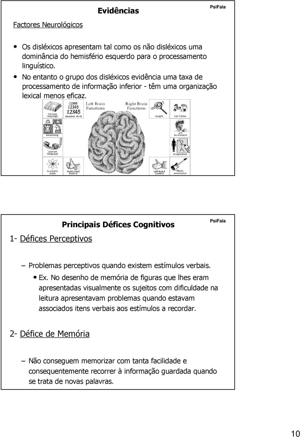 1- Défices Perceptivos Principais Défices D Cognitivos Problemas perceptivos quando existem estímulos verbais. Ex.