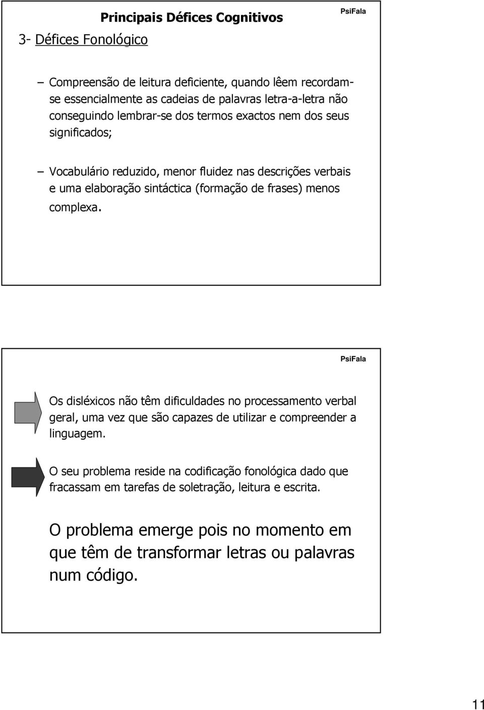 frases) menos complexa. Os disléxicos não têm dificuldades no processamento verbal geral, uma vez que são capazes de utilizar e compreender a linguagem.