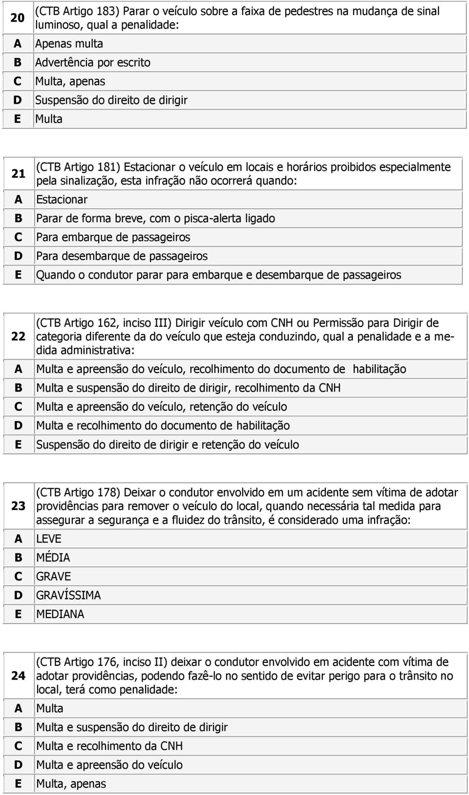 passageiros Quando o condutor parar para embarque e desembarque de passageiros 22 (T rtigo 162, inciso III) irigir veículo com NH ou Permissão para irigir de categoria diferente da do veículo que