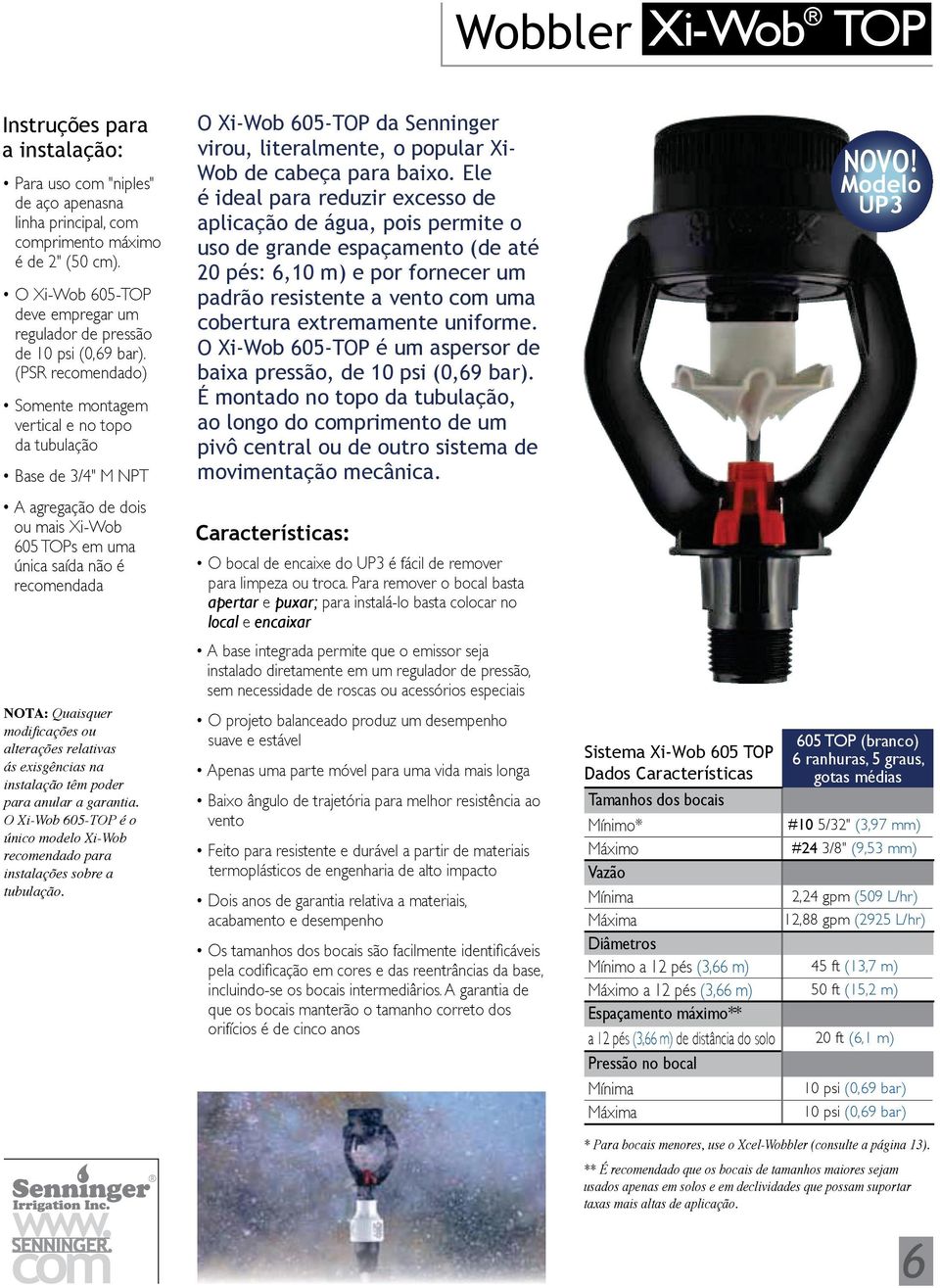 (PSR reendado) Somente montagem vertical e no topo da tubulação Base de 3/4" M NPT A agregação de dois ou mais Xi-Wob 605 TOPs em uma única saída não é reendada Nota: Quaisquer modificações ou