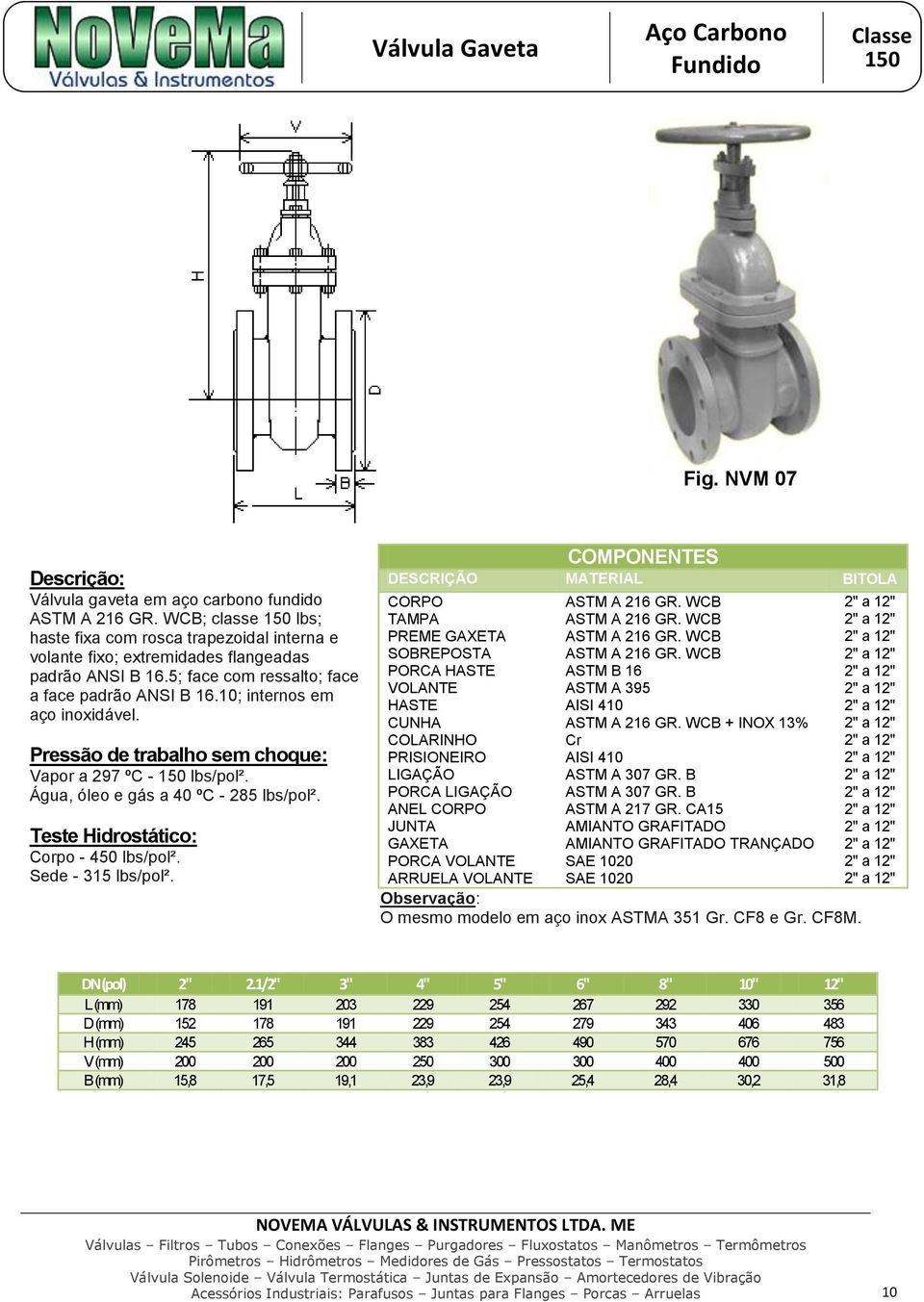 5; face com ressalto; face a face padrão ANSI B 16.10; internos em aço inoxidável. Vapor a 297 ºC - 150 lbs/pol². Água, óleo e gás a 40 ºC - 285 lbs/pol². Corpo - 450 lbs/pol². Sede - 315 lbs/pol².