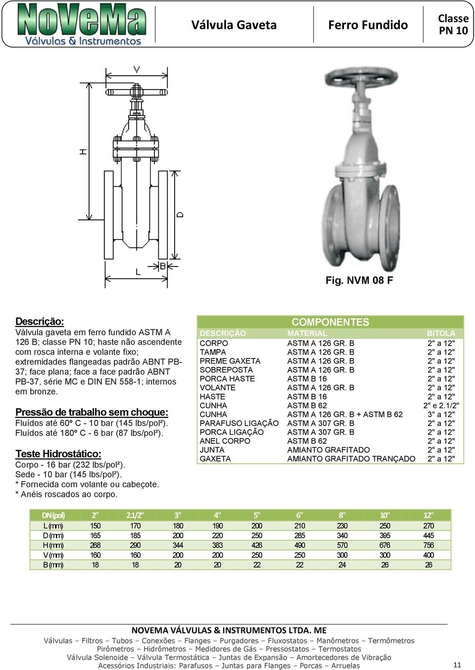 ABNT PB-37, série MC e DIN EN 558-1; internos em bronze. Fluídos até 60º C - 10 bar (145 lbs/pol²). Fluídos até 180º C - 6 bar (87 lbs/pol²). Corpo - 16 bar (232 lbs/pol²).