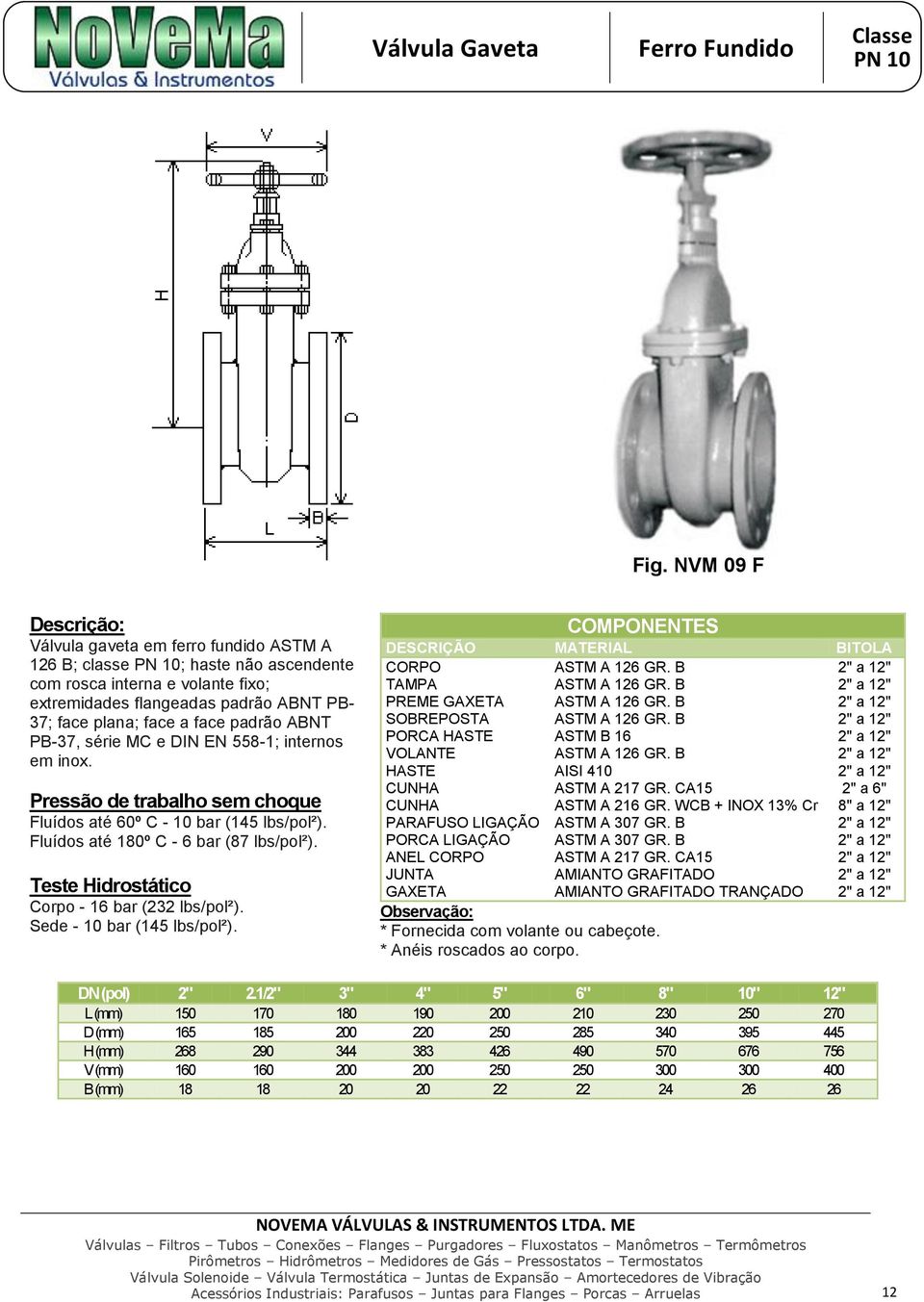 ABNT PB-37, série MC e DIN EN 558-1; internos em inox. Pressão de trabalho sem choque Fluídos até 60º C - 10 bar (145 lbs/pol²). Fluídos até 180º C - 6 bar (87 lbs/pol²).