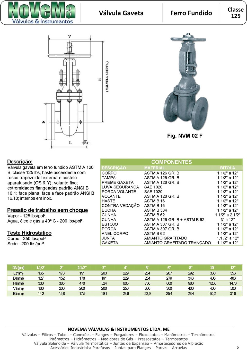 B 16.1; face plana; face a face padrão ANSI B 16.10; internos em inox. Pressão de trabalho sem choque Vapor - 125 lbs/pol². Água, óleo e gás a 40º C - 200 lbs/pol².