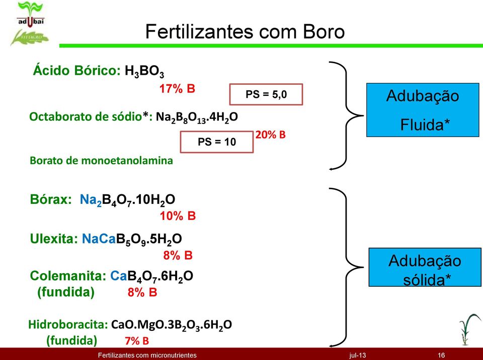 10H 2 O 10% B Ulexita: NaCaB 5 O 9.5H 2 O 8% B Colemanita: CaB 4 O 7.