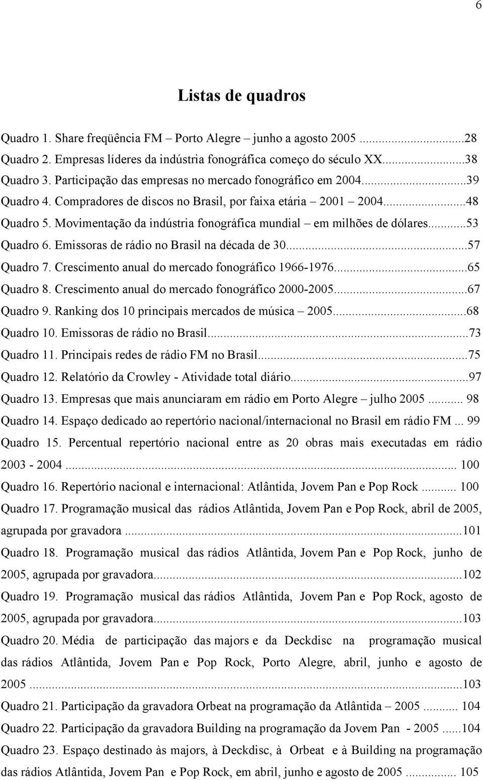 Movimentação da indústria fonográfica mundial em milhões de dólares...53 Quadro 6. Emissoras de rádio no Brasil na década de 30...57 Quadro 7. Crescimento anual do mercado fonográfico 1966-1976.