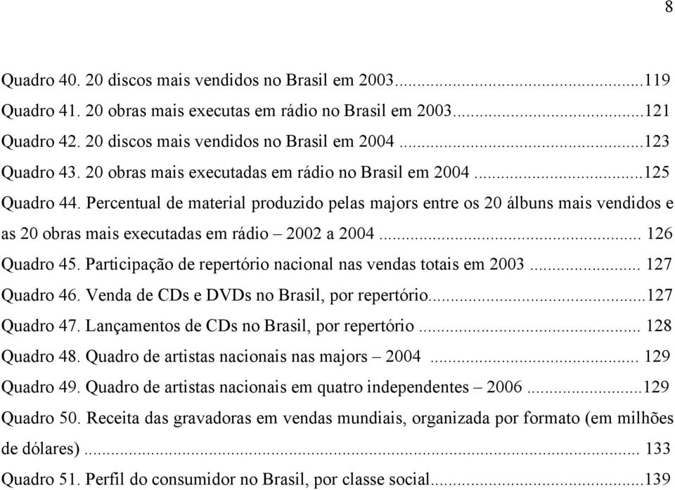 .. 126 Quadro 45. Participação de repertório nacional nas vendas totais em 2003... 127 Quadro 46. Venda de CDs e DVDs no Brasil, por repertório...127 Quadro 47.