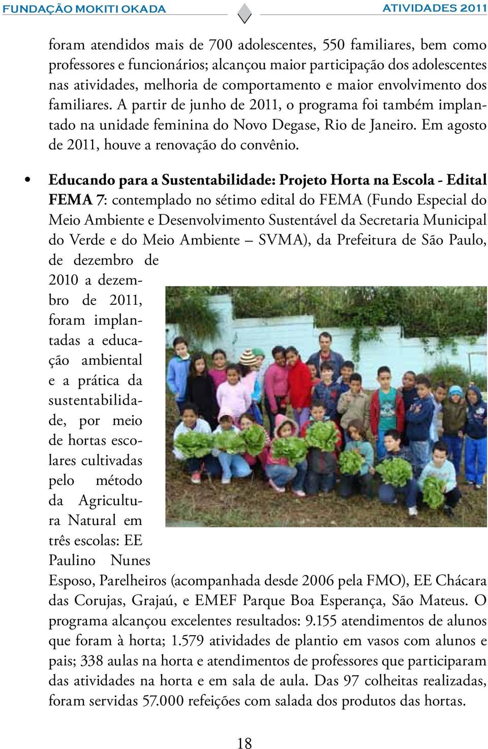 Educando para a Sustentabilidade: Projeto Horta na Escola - Edital FEMA 7: contemplado no sétimo edital do FEMA (Fundo Especial do Meio Ambiente e Desenvolvimento Sustentável da Secretaria Municipal
