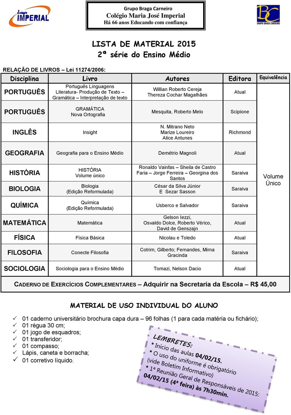 Mitrano Neto Marize Loureiro Alice Antunes Richmond Geografia para o Ensino Médio Demétrio Magnoli BIOLOGIA Volume único Biologia Ronaldo Vainfas Sheila de Castro Faria Jorge Ferreira Georgina dos