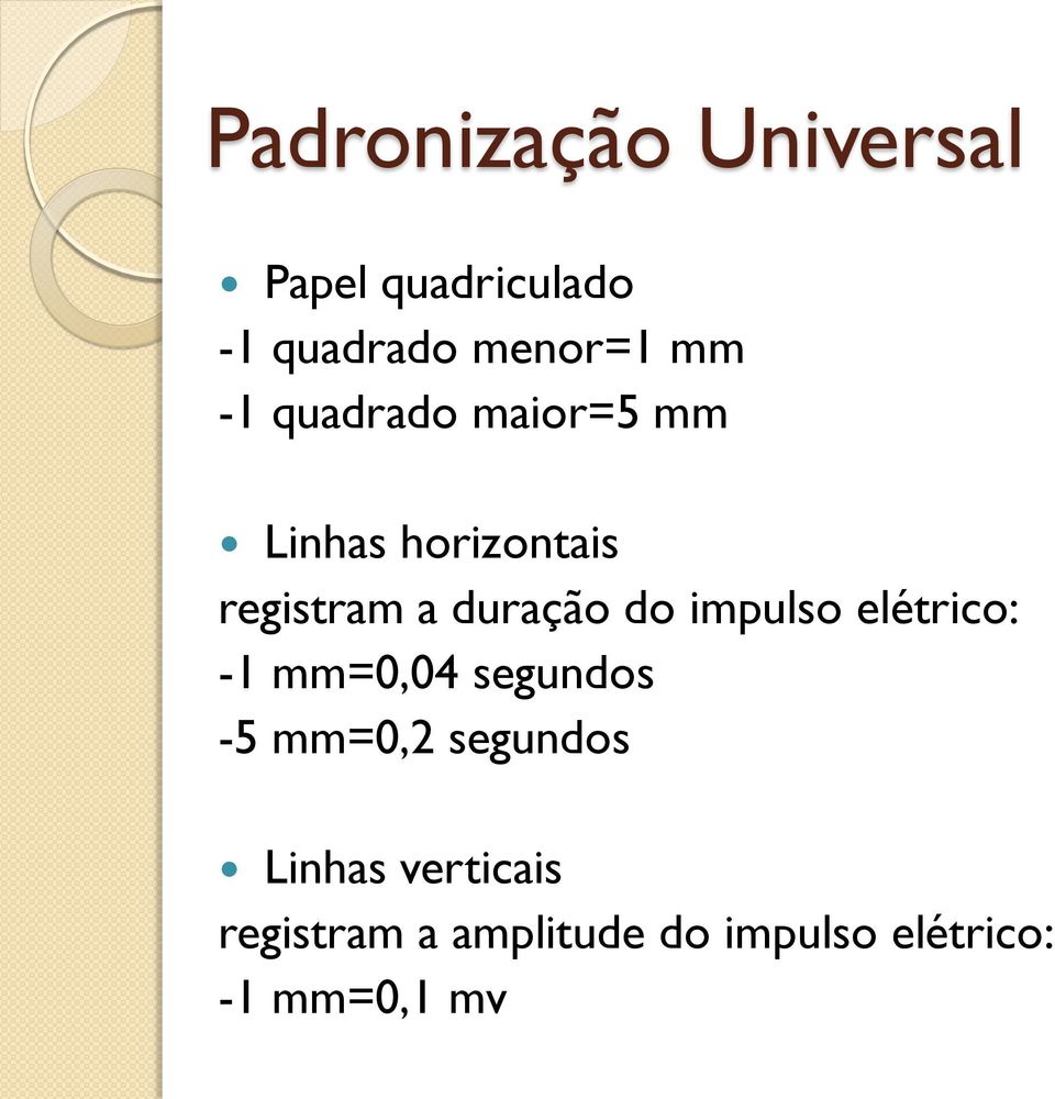 impulso elétrico: -1 mm=0,04 segundos -5 mm=0,2 segundos Linhas