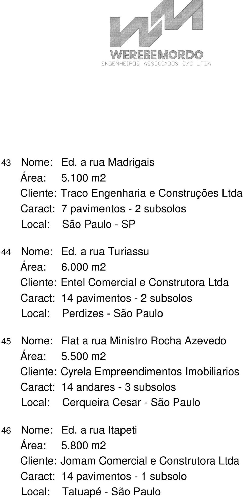 000 m2 Cliente: Entel Comercial e Construtora Ltda Caract: 14 pavimentos - 2 subsolos Local: Perdizes - São Paulo 45 Nome: Flat a rua Ministro Rocha