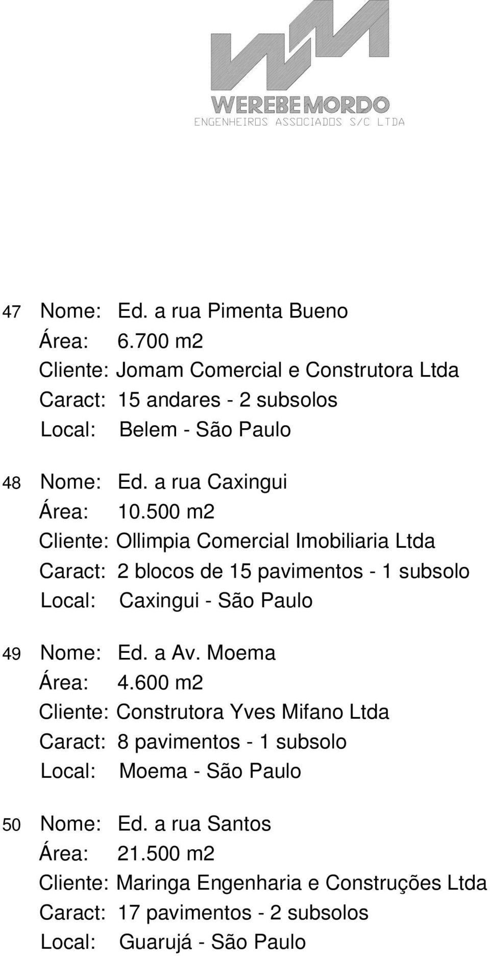 500 m2 Cliente: Ollimpia Comercial Imobiliaria Ltda Caract: 2 blocos de 15 pavimentos - 1 subsolo Local: Caxingui - São Paulo 49 Nome: Ed. a Av.