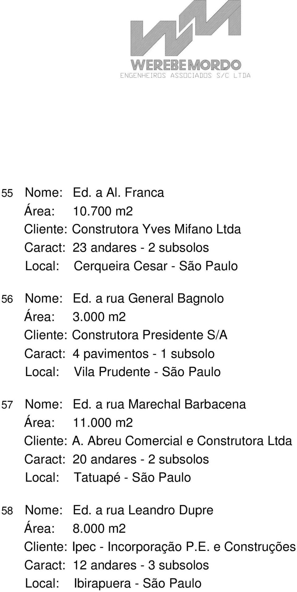 a rua General Bagnolo Área: 3.000 m2 Cliente: Construtora Presidente S/A Caract: 4 pavimentos - 1 subsolo Local: Vila Prudente - São Paulo 57 Nome: Ed.