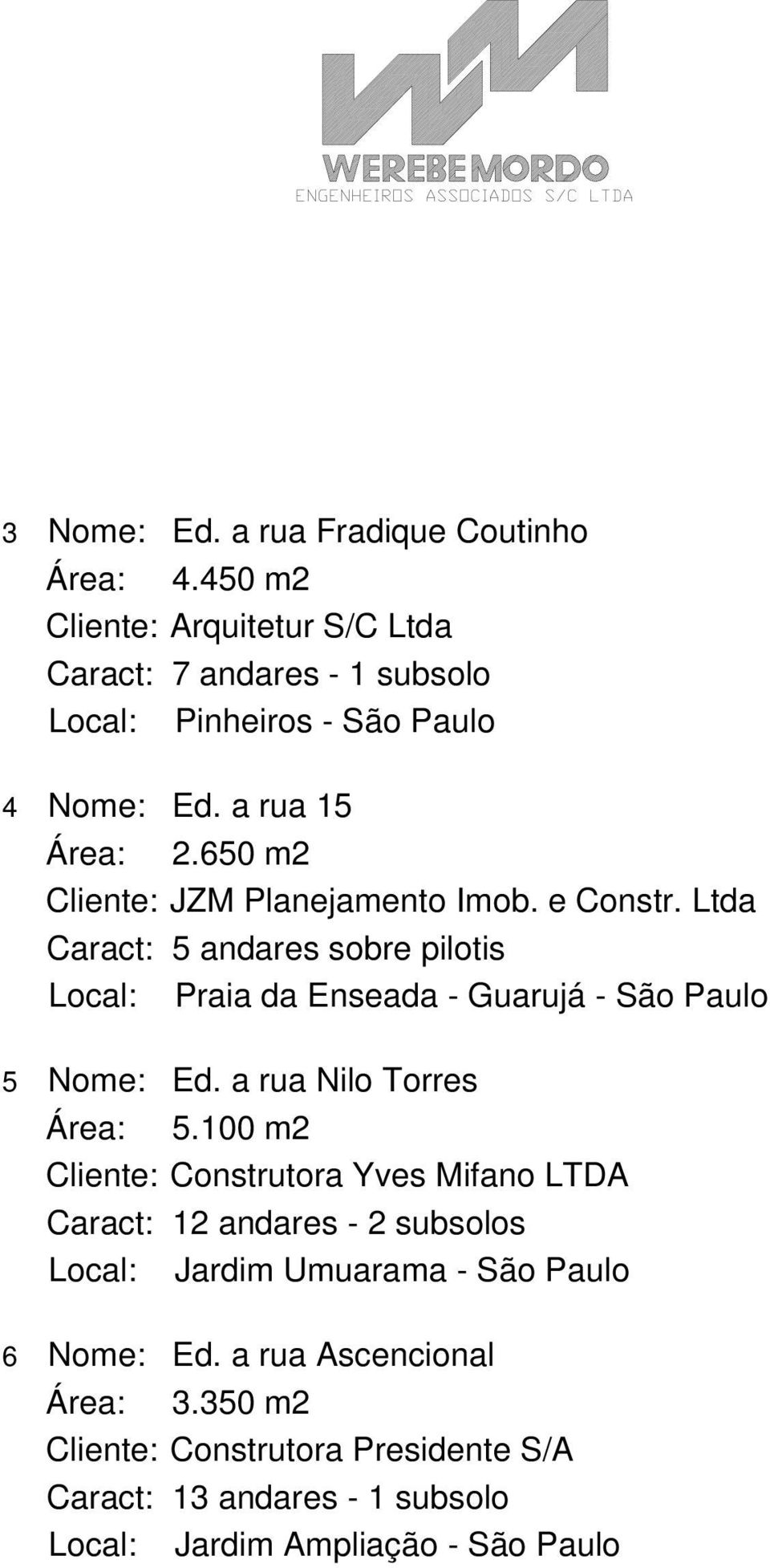 Ltda Caract: 5 andares sobre pilotis Local: Praia da Enseada - Guarujá - São Paulo 5 Nome: Ed. a rua Nilo Torres Área: 5.
