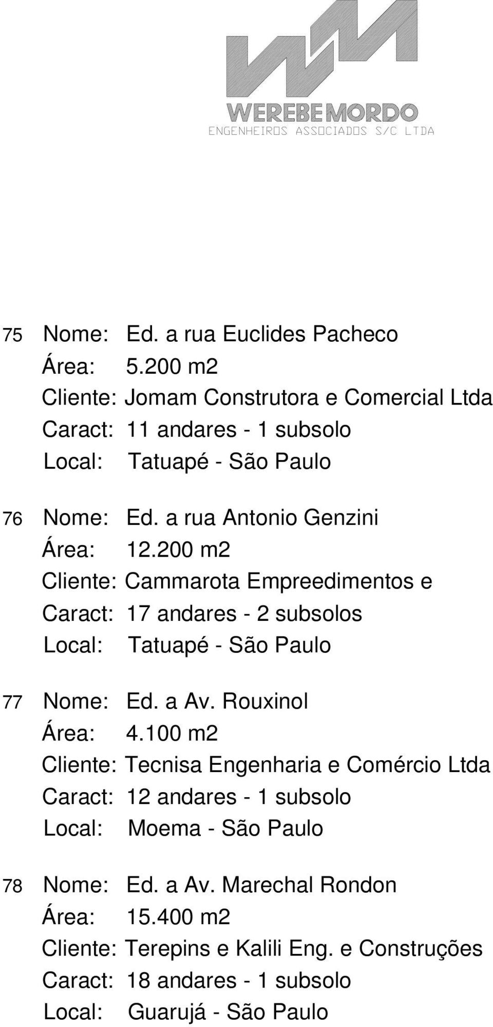 a rua Antonio Genzini Área: 12.200 m2 Cliente: Cammarota Empreedimentos e Caract: 17 andares - 2 subsolos Local: Tatuapé - São Paulo 77 Nome: Ed.