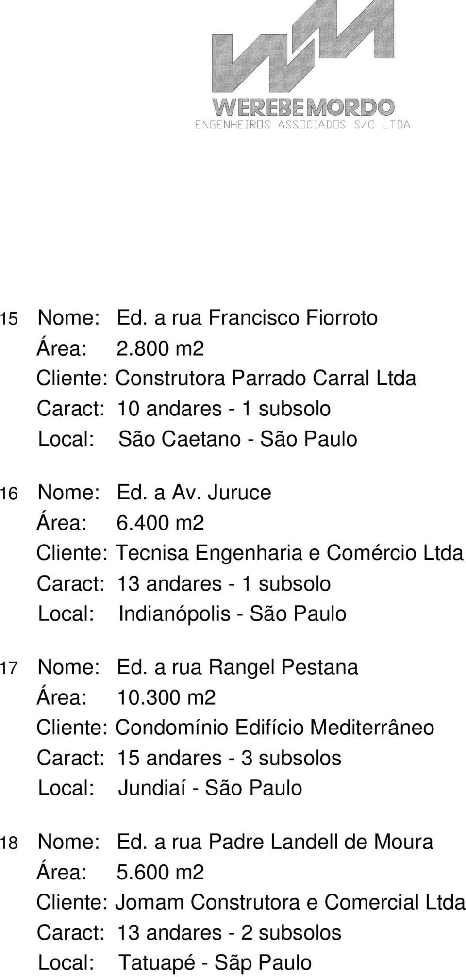 400 m2 Cliente: Tecnisa Engenharia e Comércio Ltda Caract: 13 andares - 1 subsolo Local: Indianópolis - São Paulo 17 Nome: Ed.