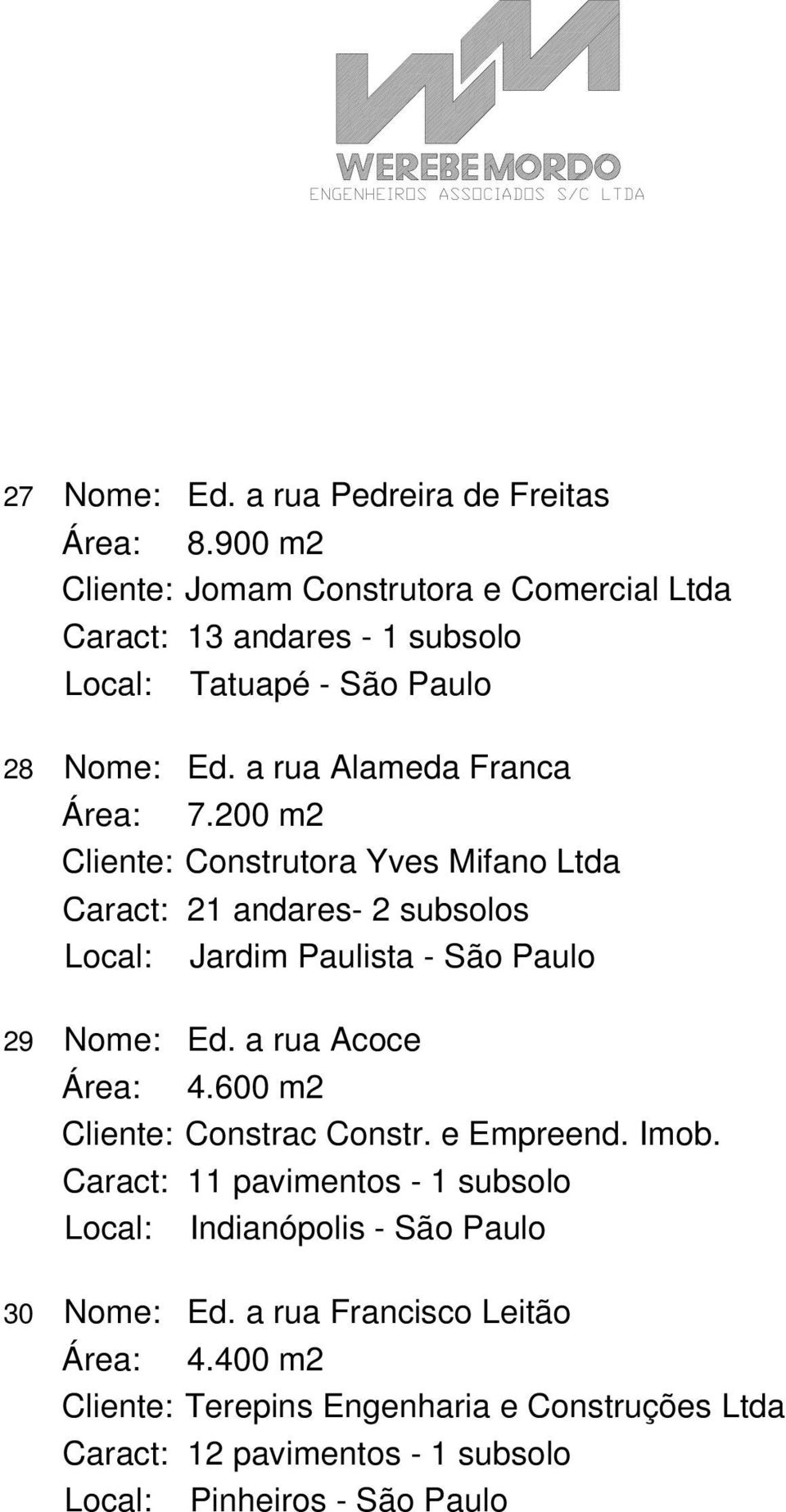 200 m2 Cliente: Construtora Yves Mifano Ltda Caract: 21 andares- 2 subsolos Local: Jardim Paulista - São Paulo 29 Nome: Ed. a rua Acoce Área: 4.