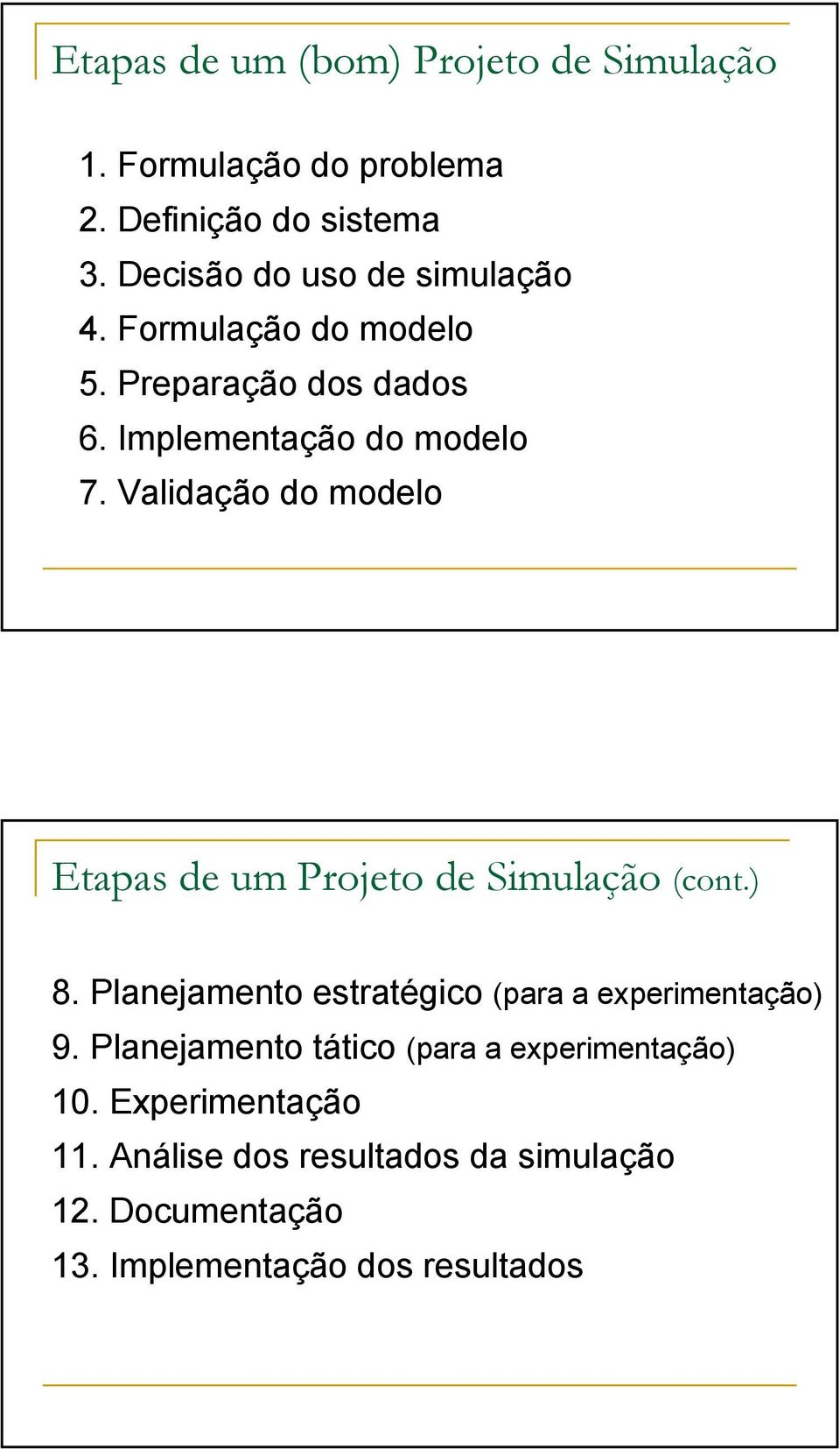 Validação do modelo Etapas de um Projeto de Simulação (cont.) 8. Planejamento estratégico (para a experimentação) 9.