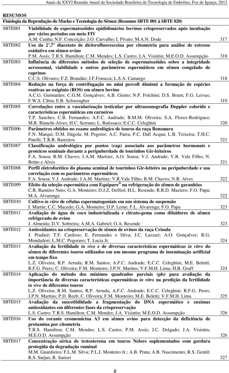F. Conceição; J.O. Carvalho; I. Pivato; M.A.N. Dode 317 SBTE002 Uso da 2,7 diacetato de diclorofluoresceína por citometria para análise de estresse oxidativo em sêmen ovino P.M. Assis; T.R.S. Hamilton; C.