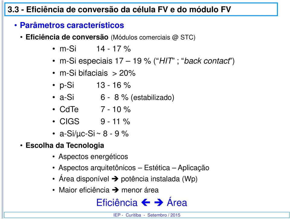 13-16 % a-si 6-8 % (estabilizado) CdTe 7-10 % CIGS 9-11 % a-si/µc-si~ 8-9 % Escolha da Tecnologia Aspectos