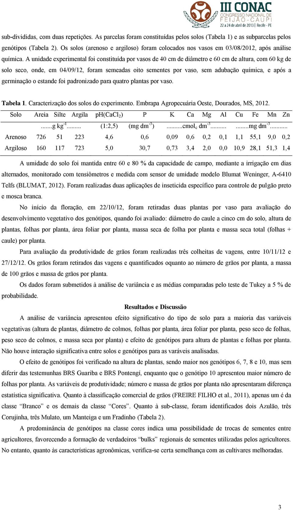 A unidade experimental foi constituída por vasos de 40 cm de diâmetro e 60 cm de altura, com 60 kg de solo seco, onde, em 04/09/12, foram semeadas oito sementes por vaso, sem adubação química, e após